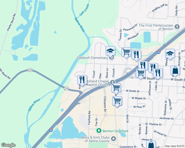 map of restaurants, bars, coffee shops, grocery stores, and more near 306 Troutt in Benton