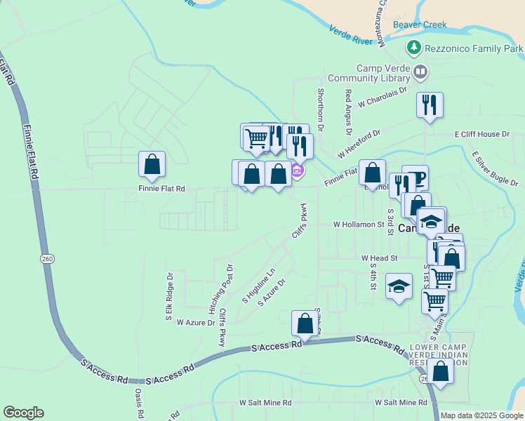 map of restaurants, bars, coffee shops, grocery stores, and more near 300 Cliffs Parkway in Camp Verde