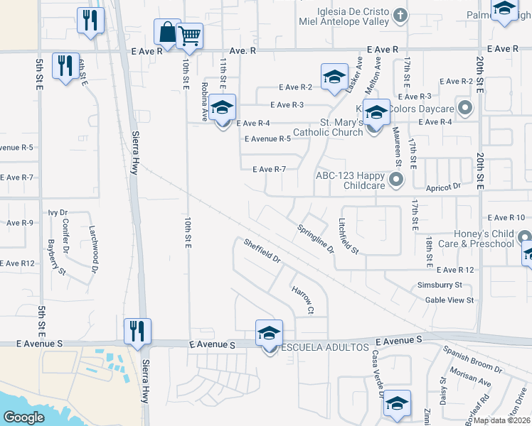 map of restaurants, bars, coffee shops, grocery stores, and more near 1204 Springline Drive in Palmdale