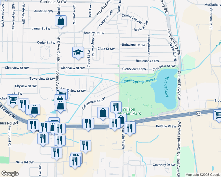 map of restaurants, bars, coffee shops, grocery stores, and more near 421 Springview Street Southwest in Decatur