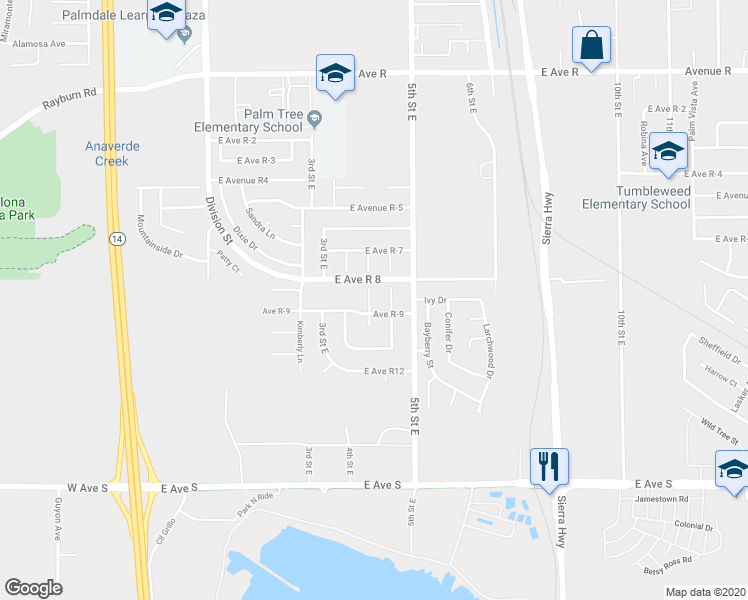 map of restaurants, bars, coffee shops, grocery stores, and more near 37514 4th Street East in Palmdale