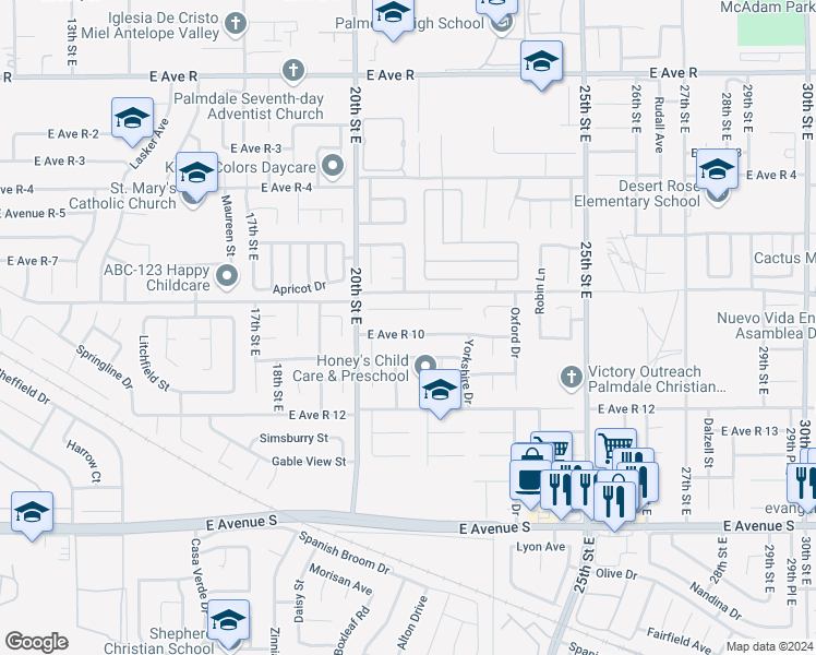 map of restaurants, bars, coffee shops, grocery stores, and more near 2105 East Avenue R 10 in Palmdale