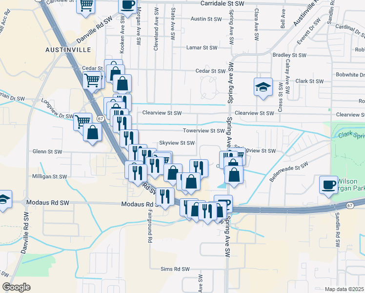 map of restaurants, bars, coffee shops, grocery stores, and more near 1013 Skyview Street Southwest in Decatur