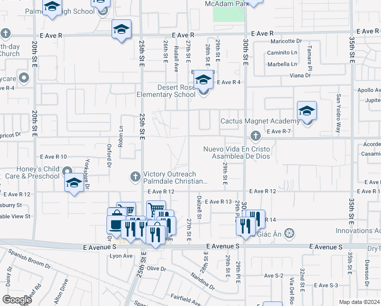 map of restaurants, bars, coffee shops, grocery stores, and more near in Palmdale
