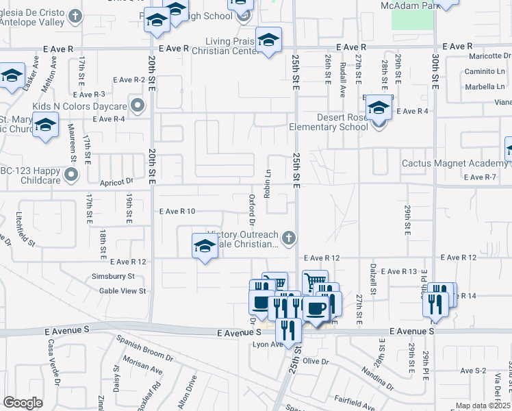 map of restaurants, bars, coffee shops, grocery stores, and more near 37512 Oxford Drive in Palmdale