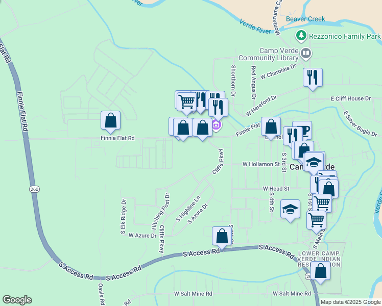 map of restaurants, bars, coffee shops, grocery stores, and more near 300 Cliffs Parkway in Camp Verde
