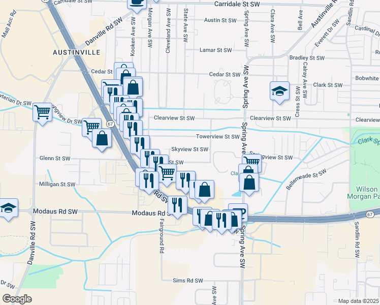 map of restaurants, bars, coffee shops, grocery stores, and more near 1013 Skyview Street Southwest in Decatur
