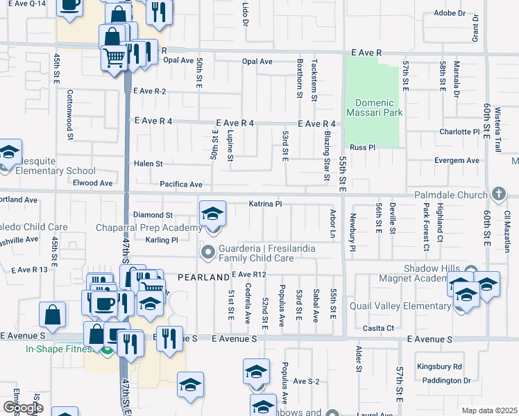 map of restaurants, bars, coffee shops, grocery stores, and more near 37543 Monarch Street in Palmdale