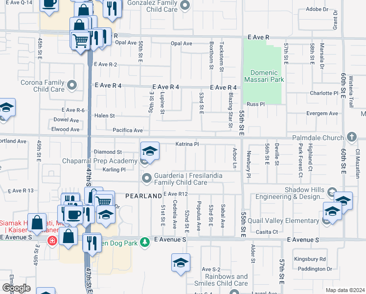 map of restaurants, bars, coffee shops, grocery stores, and more near 37543 Monarch Street in Palmdale