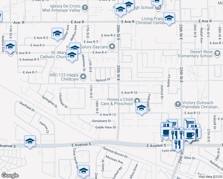 map of restaurants, bars, coffee shops, grocery stores, and more near 37530 19th Street East in Palmdale