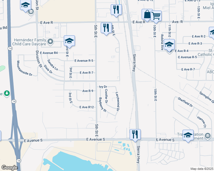 map of restaurants, bars, coffee shops, grocery stores, and more near 541 Ivy Drive in Palmdale