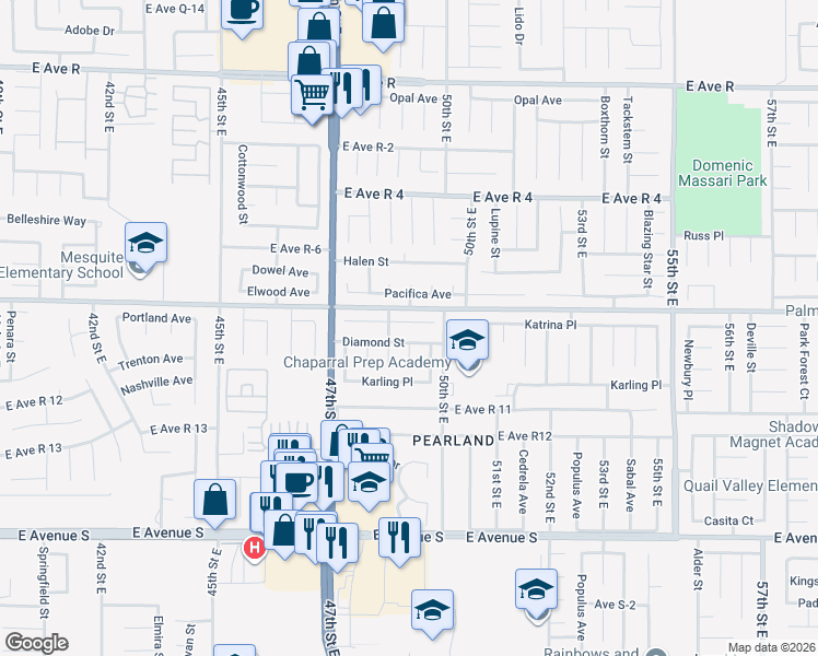 map of restaurants, bars, coffee shops, grocery stores, and more near 4820 Katrina Place in Palmdale