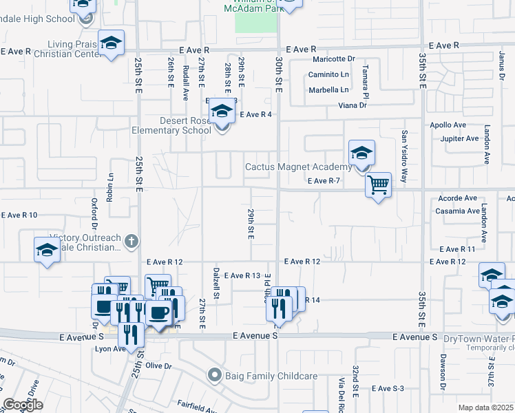 map of restaurants, bars, coffee shops, grocery stores, and more near 2907 Casamia Avenue in Palmdale