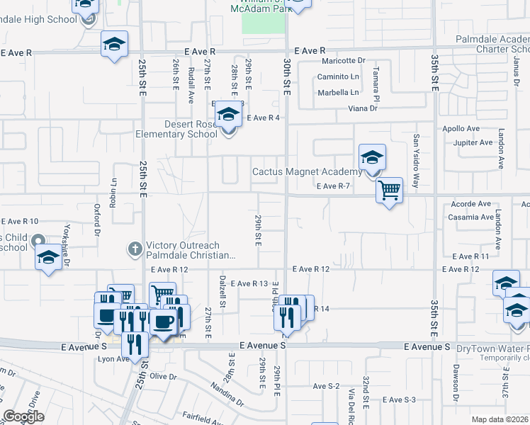 map of restaurants, bars, coffee shops, grocery stores, and more near 2907 Casamia Avenue in Palmdale