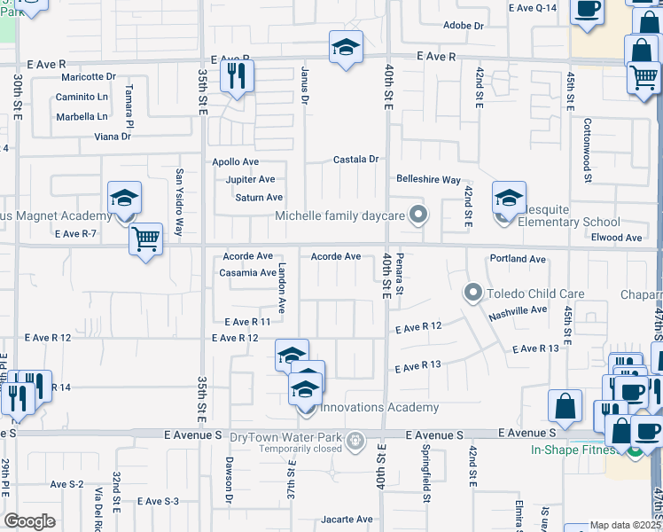 map of restaurants, bars, coffee shops, grocery stores, and more near 37535 Morning Circle in Palmdale