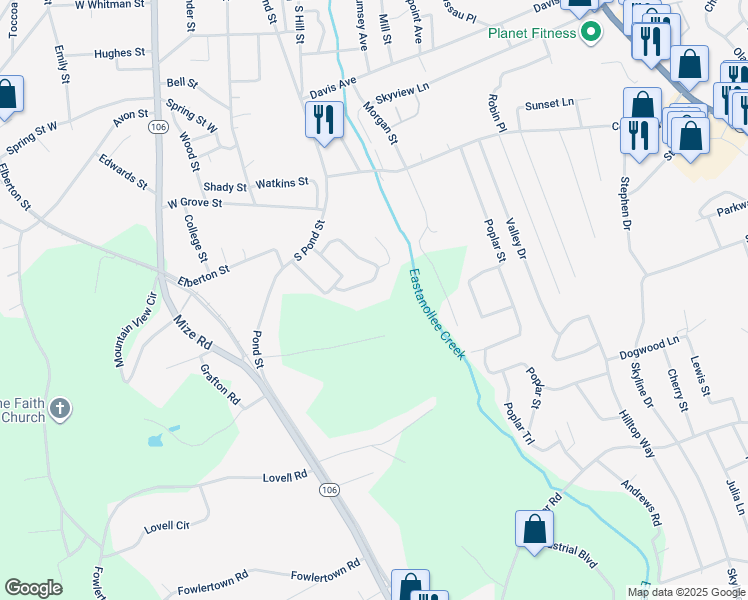 map of restaurants, bars, coffee shops, grocery stores, and more near 32 Kingston Drive in Toccoa