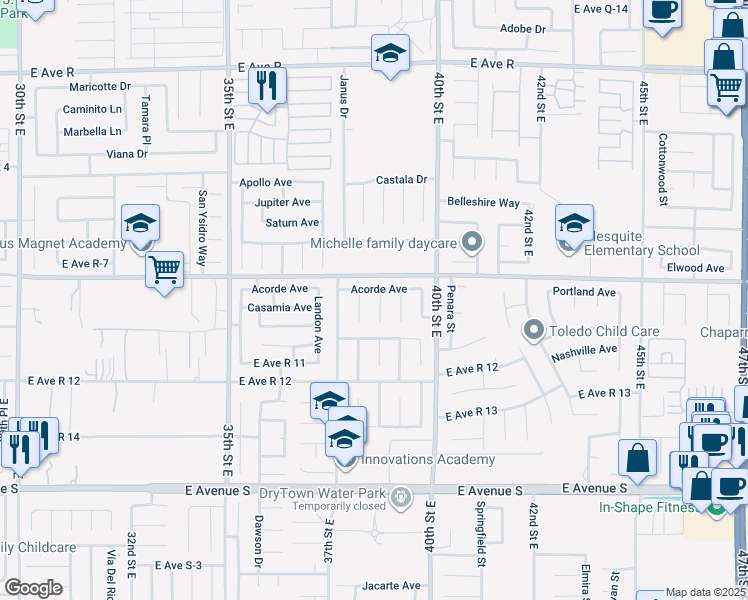 map of restaurants, bars, coffee shops, grocery stores, and more near 37535 Morning Circle in Palmdale