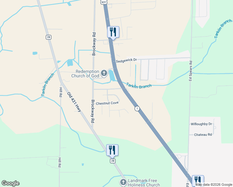 map of restaurants, bars, coffee shops, grocery stores, and more near 139 Chestnut Cove in Owens Cross Roads