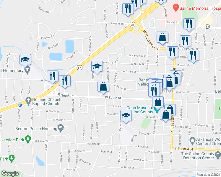 map of restaurants, bars, coffee shops, grocery stores, and more near 123 North Martin Street in Benton