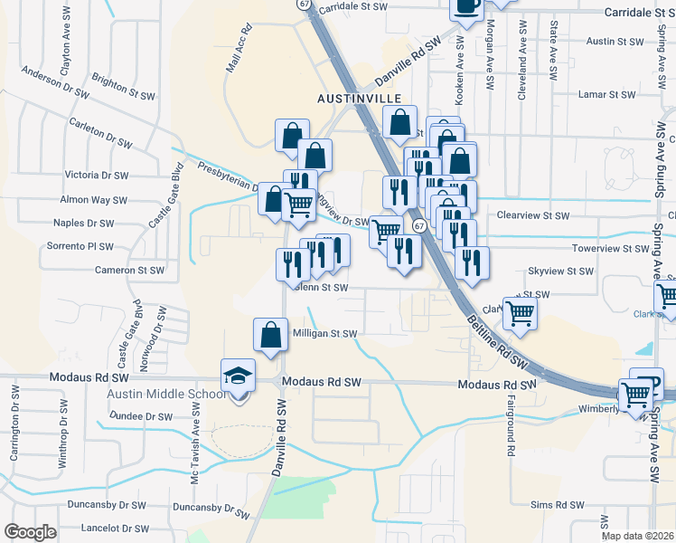 map of restaurants, bars, coffee shops, grocery stores, and more near 1808 Glenn Street Southwest in Decatur