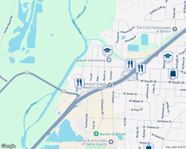 map of restaurants, bars, coffee shops, grocery stores, and more near 306 Troutt in Benton