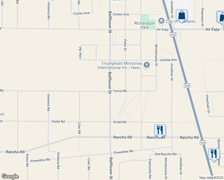 map of restaurants, bars, coffee shops, grocery stores, and more near 2 Bellflower Street in Adelanto