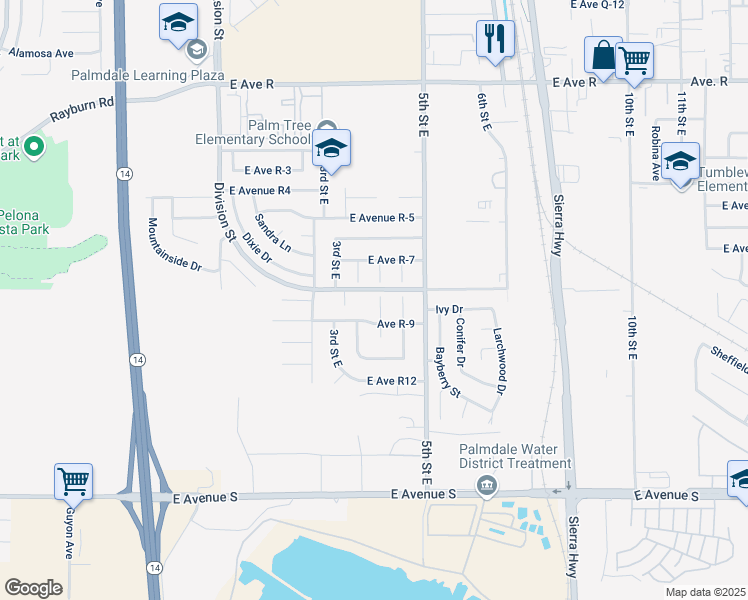 map of restaurants, bars, coffee shops, grocery stores, and more near 37529 4th Street East in Palmdale