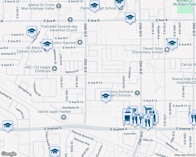map of restaurants, bars, coffee shops, grocery stores, and more near 2102 Moonflower Court in Palmdale
