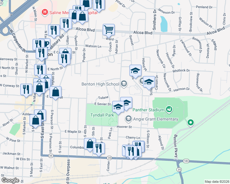 map of restaurants, bars, coffee shops, grocery stores, and more near 220 North Border Street in Benton