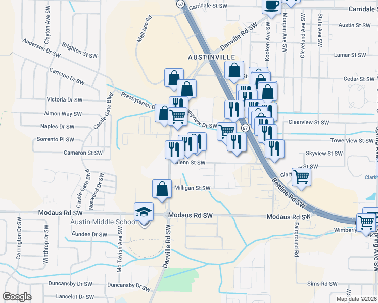 map of restaurants, bars, coffee shops, grocery stores, and more near 1820 Glenn Street Southwest in Decatur