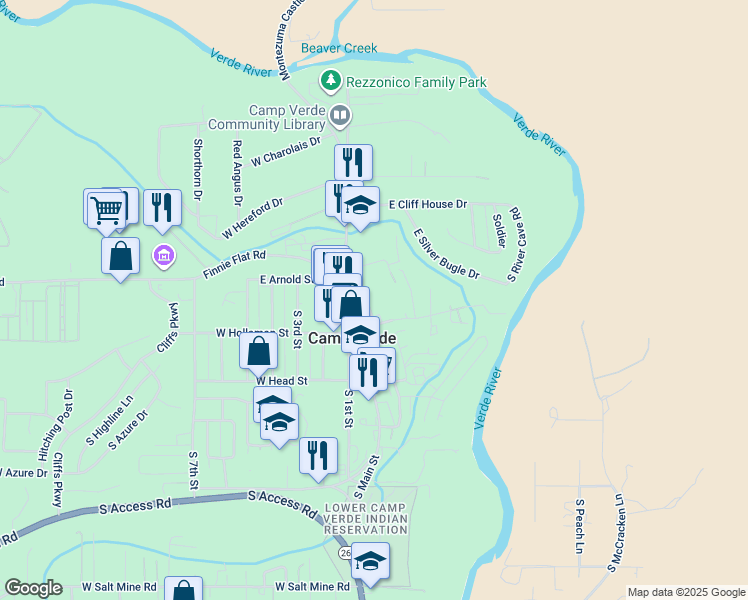 map of restaurants, bars, coffee shops, grocery stores, and more near 75 East Hollamon Street in Camp Verde