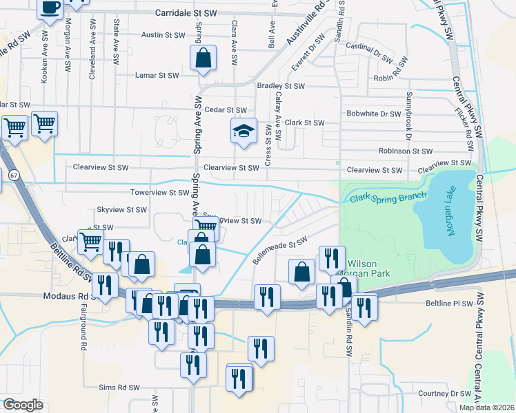 map of restaurants, bars, coffee shops, grocery stores, and more near 2433 Halifax Place Southwest in Decatur
