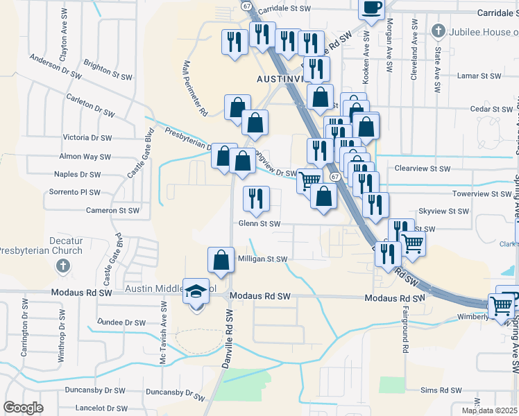 map of restaurants, bars, coffee shops, grocery stores, and more near 1820 Glenn Street Southwest in Decatur