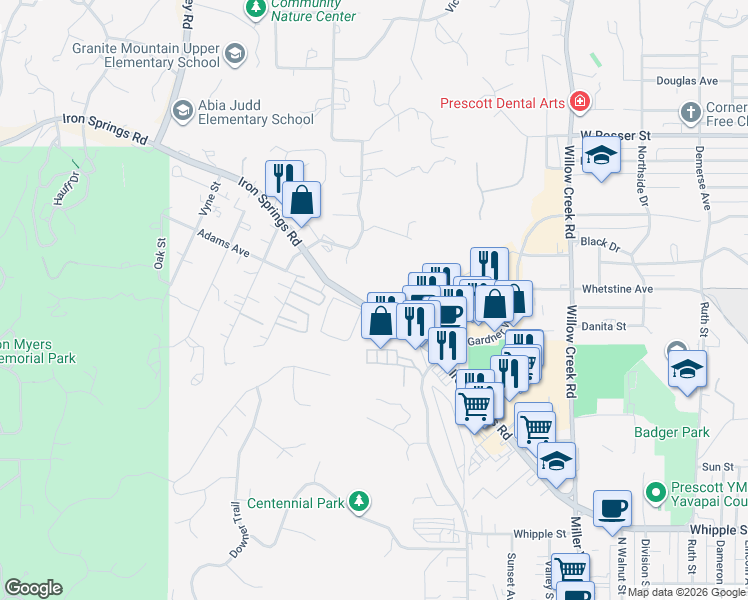 map of restaurants, bars, coffee shops, grocery stores, and more near 1385 West Iron Springs Road in Prescott