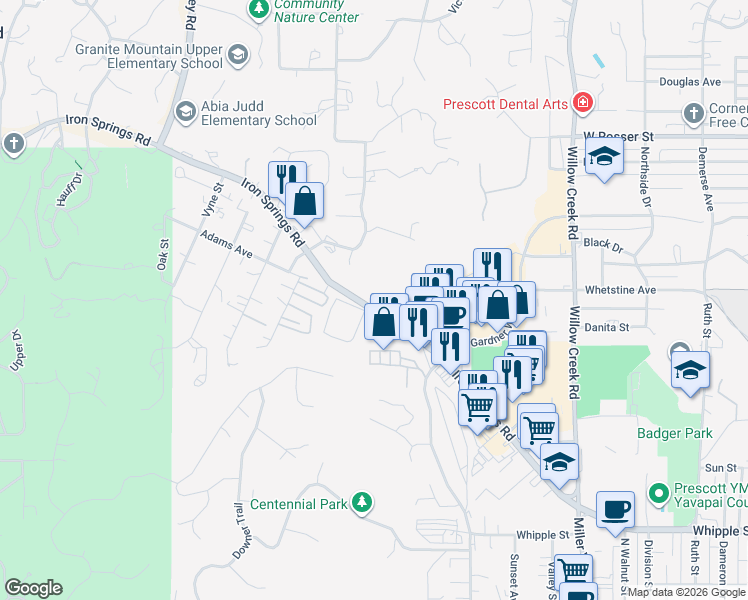 map of restaurants, bars, coffee shops, grocery stores, and more near 1460 West Iron Springs Road in Prescott