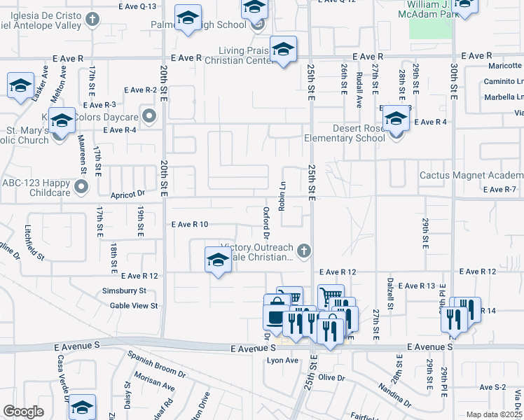 map of restaurants, bars, coffee shops, grocery stores, and more near 37512 Oxford Drive in Palmdale