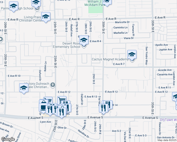 map of restaurants, bars, coffee shops, grocery stores, and more near Avenue R-9 in Palmdale