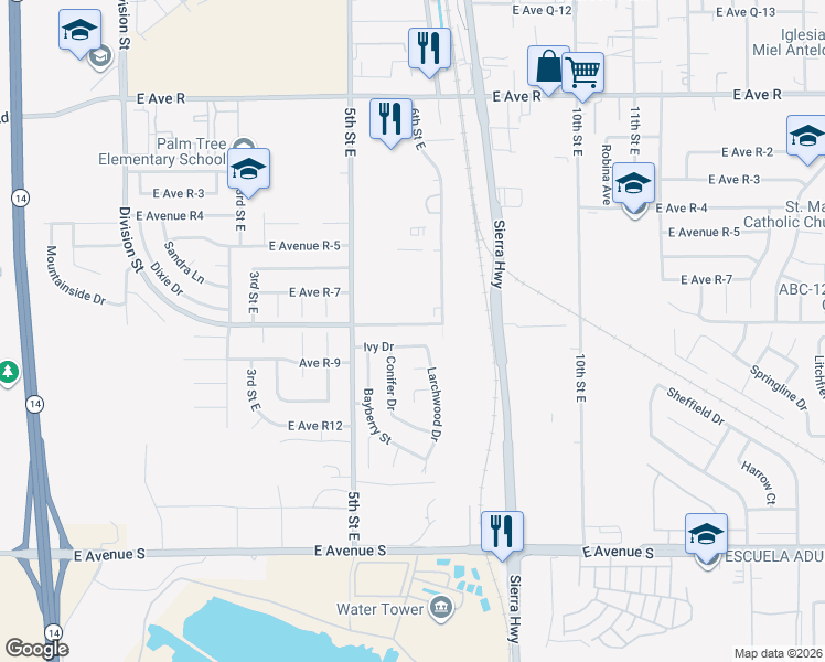 map of restaurants, bars, coffee shops, grocery stores, and more near 37518 Larchwood Drive in Palmdale