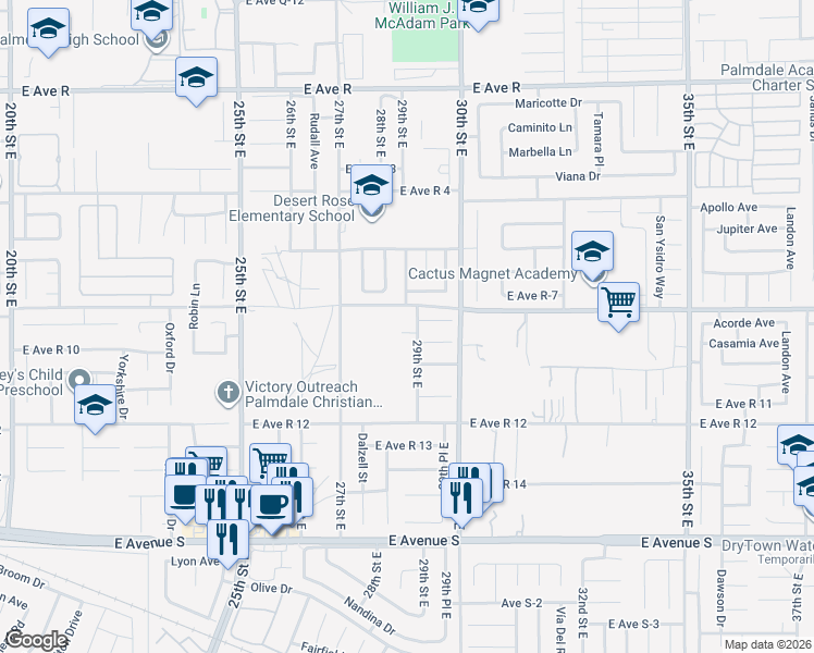 map of restaurants, bars, coffee shops, grocery stores, and more near 2829 East Avenue R 9 in Palmdale