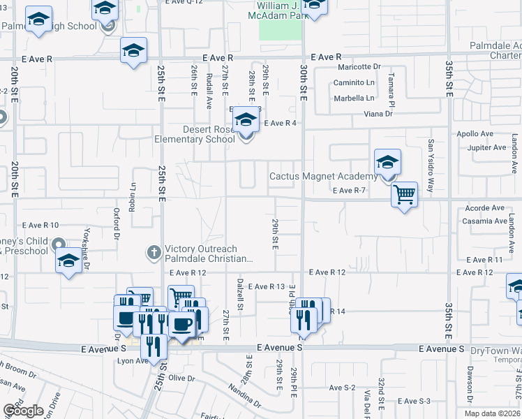 map of restaurants, bars, coffee shops, grocery stores, and more near 2829 East Avenue R 9 in Palmdale