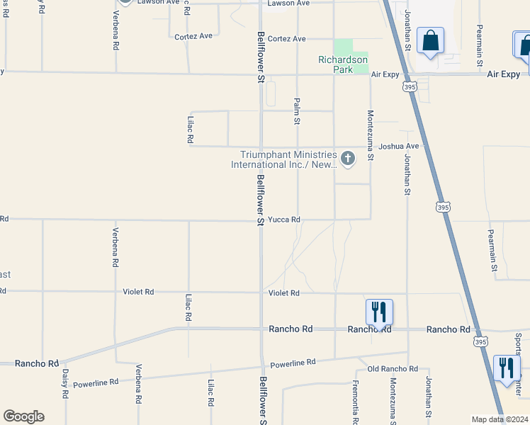 map of restaurants, bars, coffee shops, grocery stores, and more near 2 Bellflower Street in Adelanto