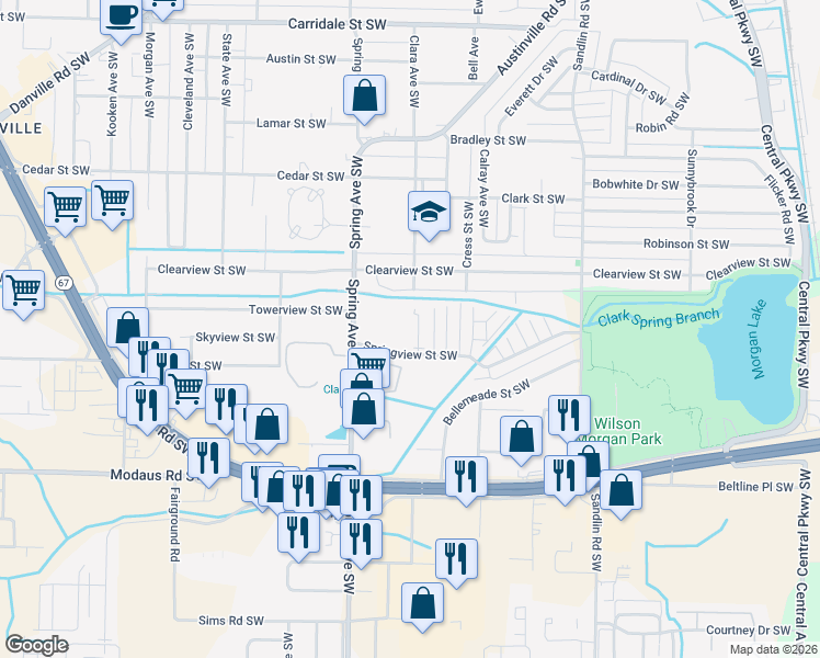 map of restaurants, bars, coffee shops, grocery stores, and more near 2506 Spring Avenue Southwest in Decatur