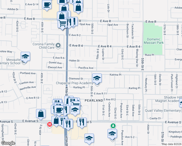 map of restaurants, bars, coffee shops, grocery stores, and more near 4853 Katrina Place in Palmdale