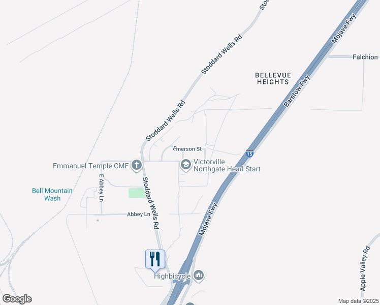 map of restaurants, bars, coffee shops, grocery stores, and more near 17239 Emerson Street in Victorville