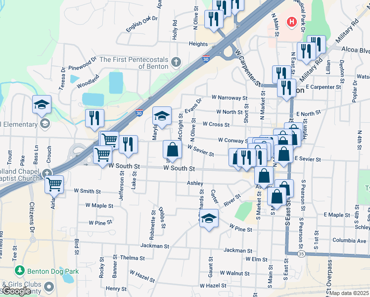 map of restaurants, bars, coffee shops, grocery stores, and more near 107 North Martin Street in Benton