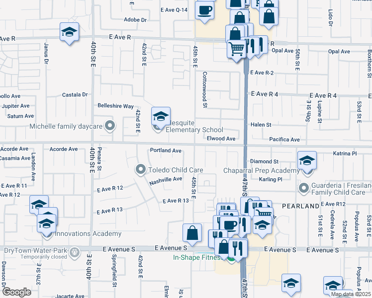 map of restaurants, bars, coffee shops, grocery stores, and more near 4361 Portland Avenue in Palmdale