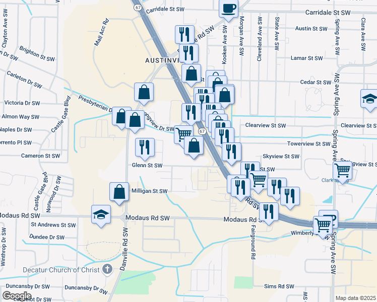 map of restaurants, bars, coffee shops, grocery stores, and more near 1605 Beltline Road Southwest in Decatur
