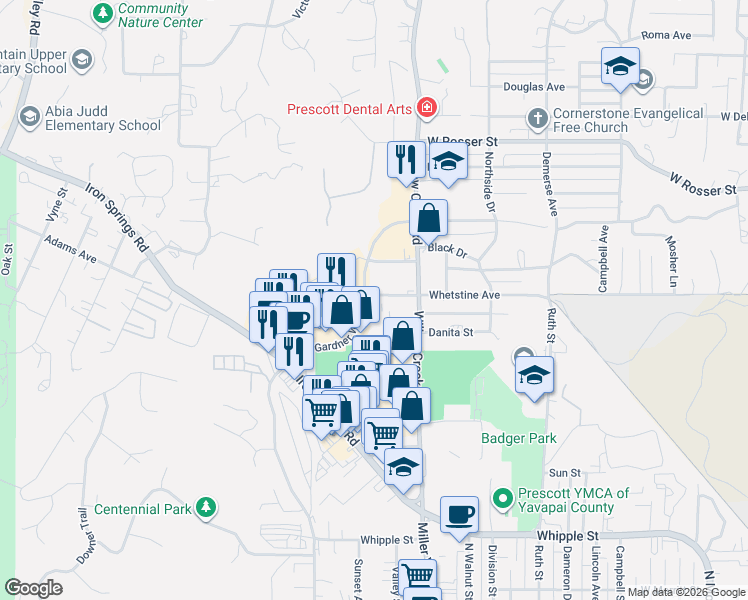 map of restaurants, bars, coffee shops, grocery stores, and more near 931 12th Place in Prescott