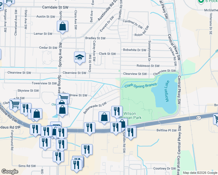 map of restaurants, bars, coffee shops, grocery stores, and more near 421 Springview Street Southwest in Decatur