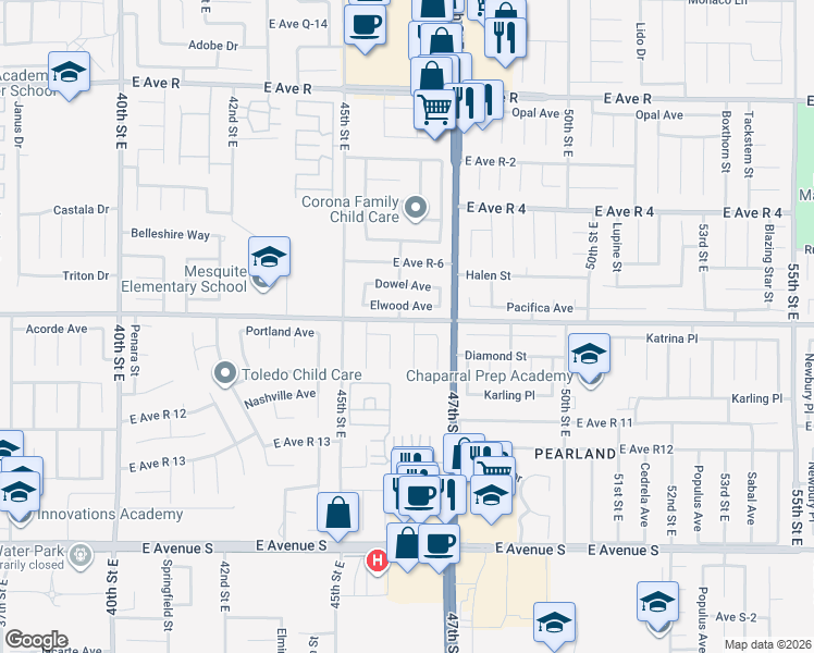 map of restaurants, bars, coffee shops, grocery stores, and more near 4605 Elwood Avenue in Palmdale